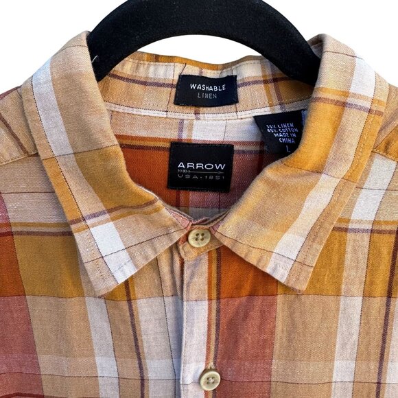 Arrow Mens Orange Plaid Linen Cotton Short Sleeve Button-Up Short Sleeve Shirt L - Picture 6 of 9